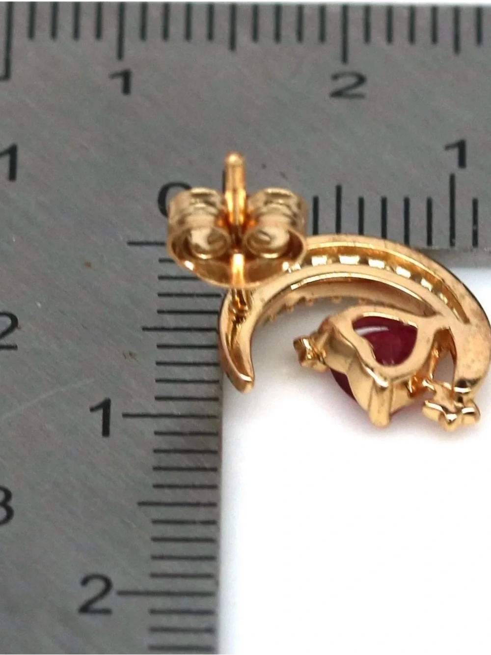 Mystical Waning Crescent Moon Natural .50CT Ruby Stud Earring 18K Yellow Gold